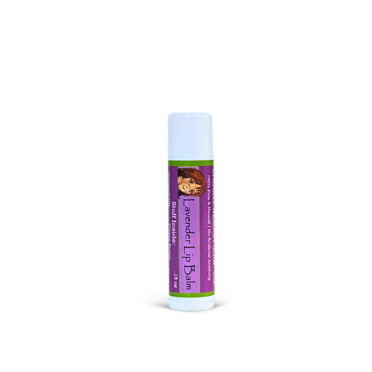 Lavender lip balm with a purple label on a white background