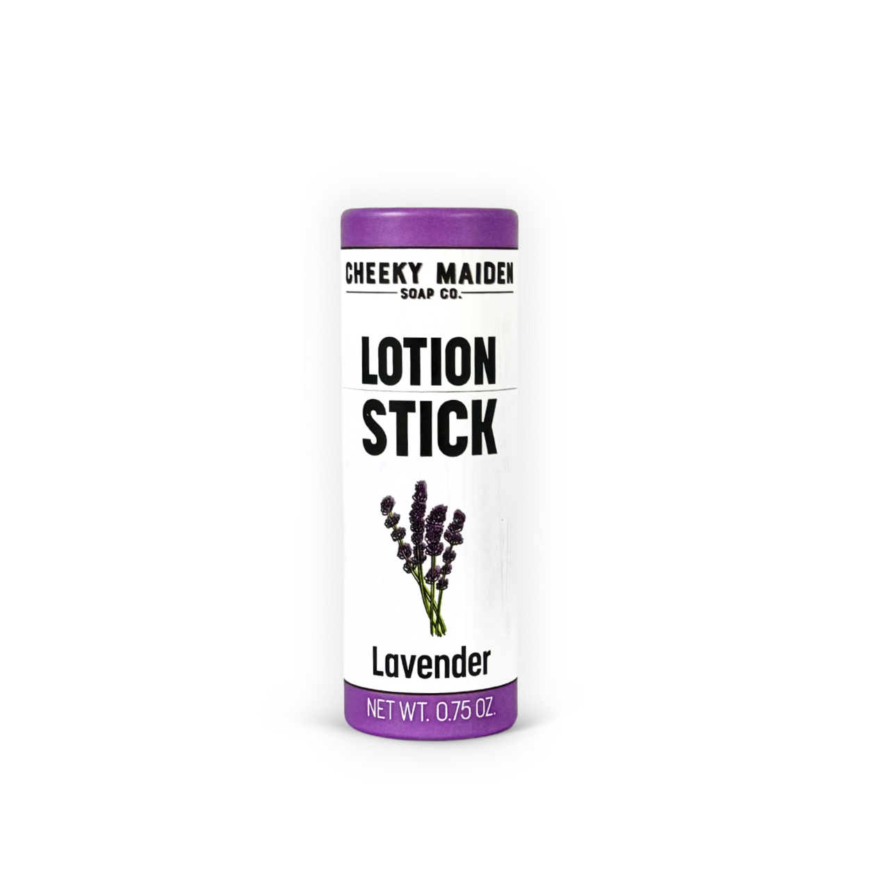 Lavender lotion stick packaging with 'Cheeky Maiden Soap Co.' branding on a white background.