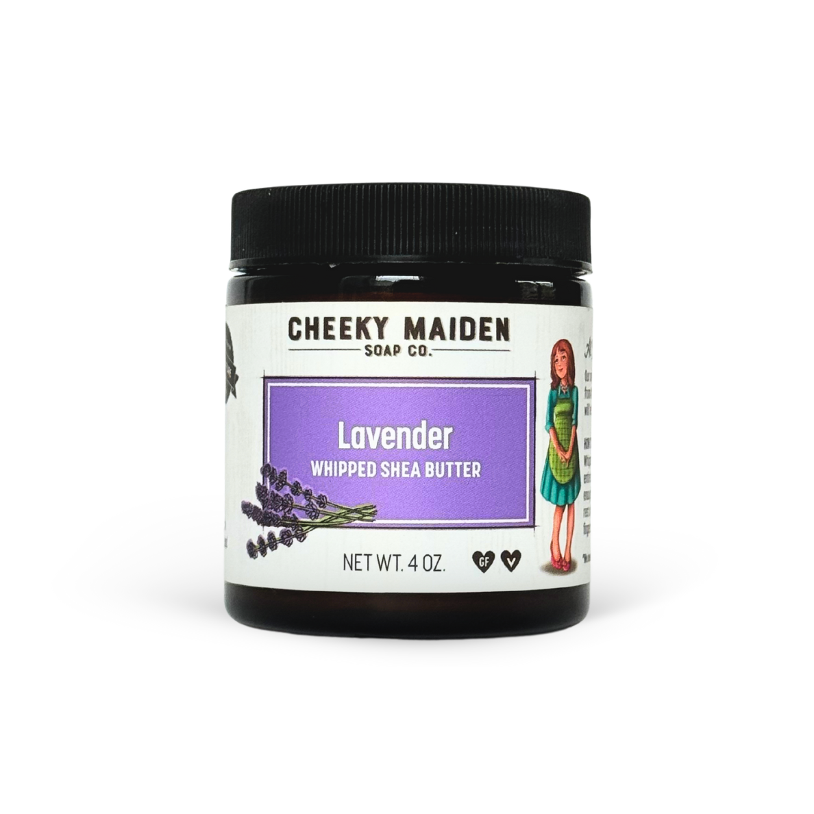 Jar of Cheeky Maiden Soap Co. lavender whipped shea butter on a white background
