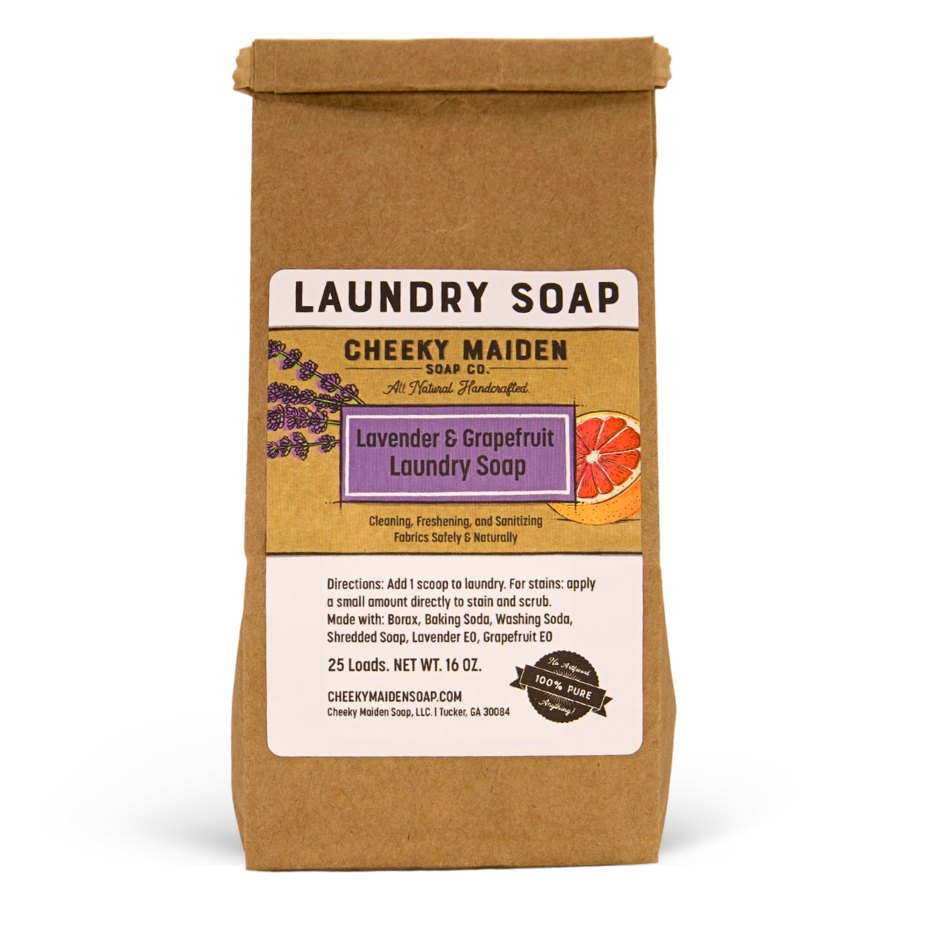 Cheeky Maiden Soap Co. laundry soap package with lavender and grapefruit scents on a white background