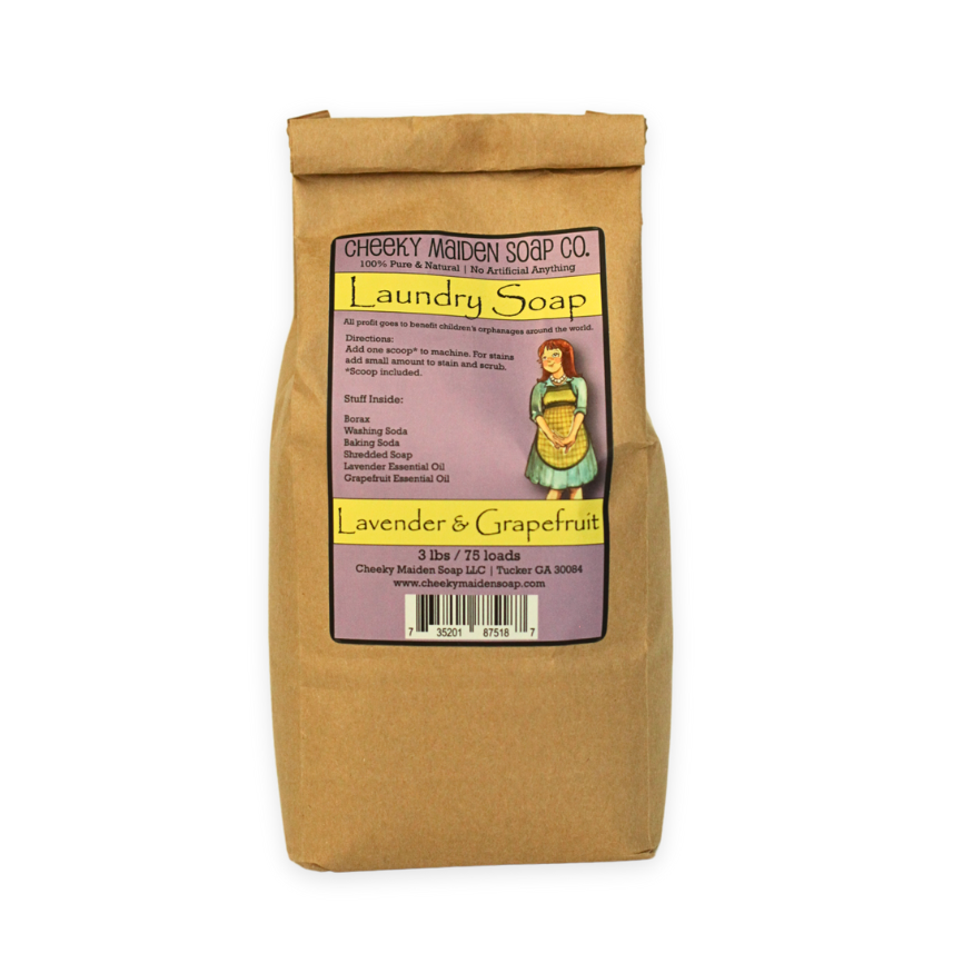 Bag of laundry soap with a label on a white background