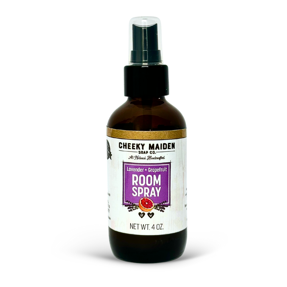 Room spray bottle with a label on a white background
