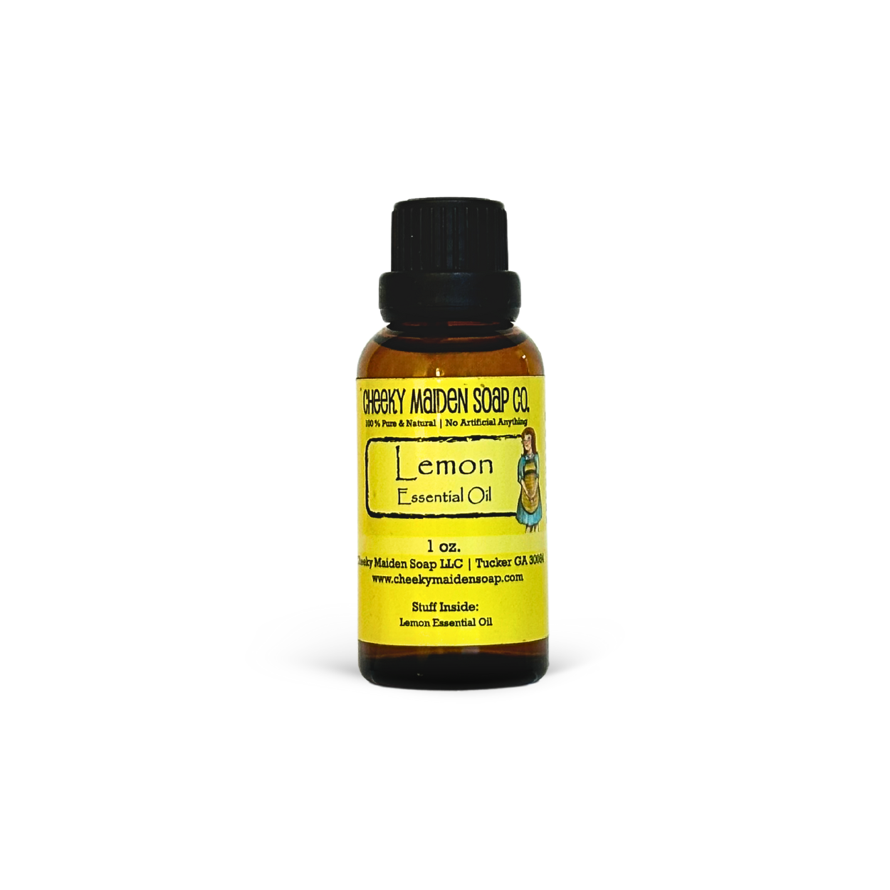 Bottle of lemon essential oil with a yellow label on a white background