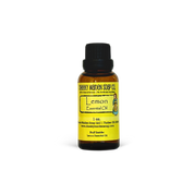 Bottle of lemon essential oil with a yellow label on a white background