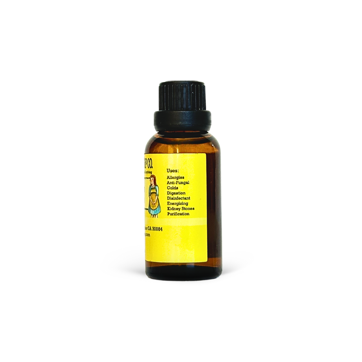 Bottle of essential oil with a yellow label on a white background