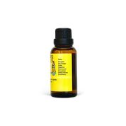 Bottle of essential oil with a yellow label on a white background