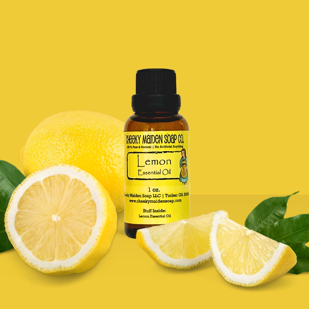 Bottle of Lemon Essential Oil with lemons on a yellow background