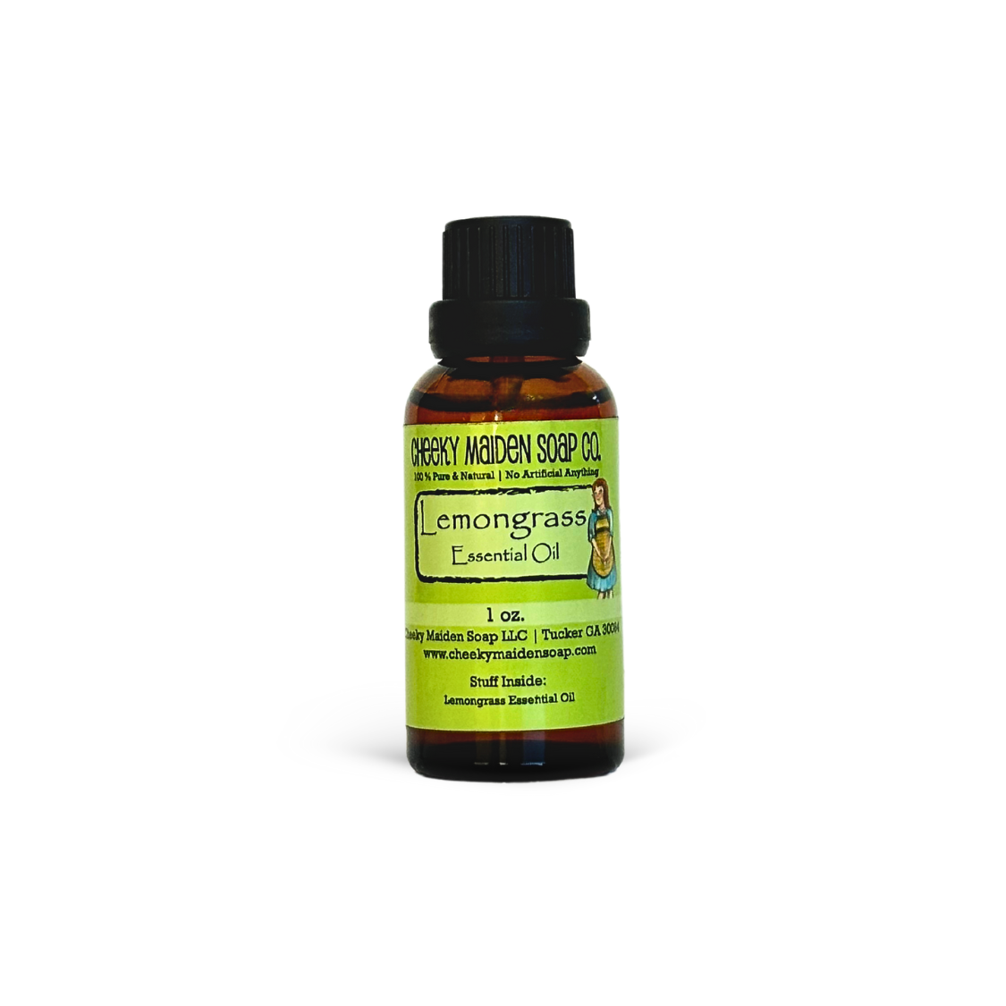 Bottle of Lemongrass essential oil with a green label on a white background