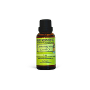 Bottle of Lemongrass essential oil with a green label on a white background