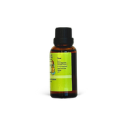 Small brown bottle with a green label on a white background