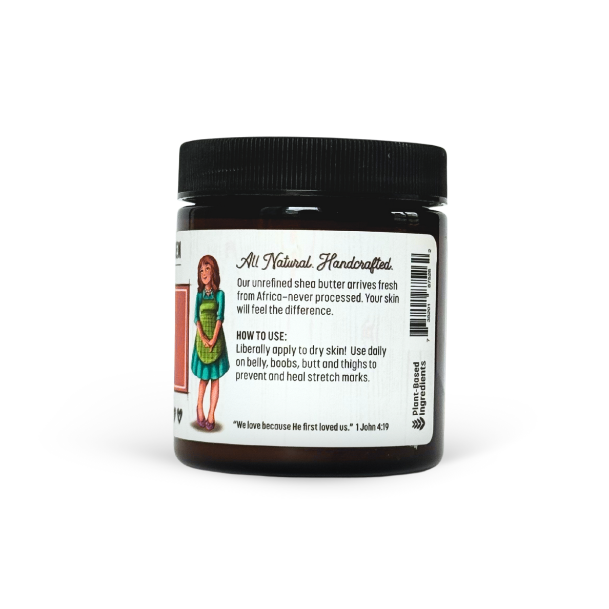 Jar of shea butter with a label on a white background