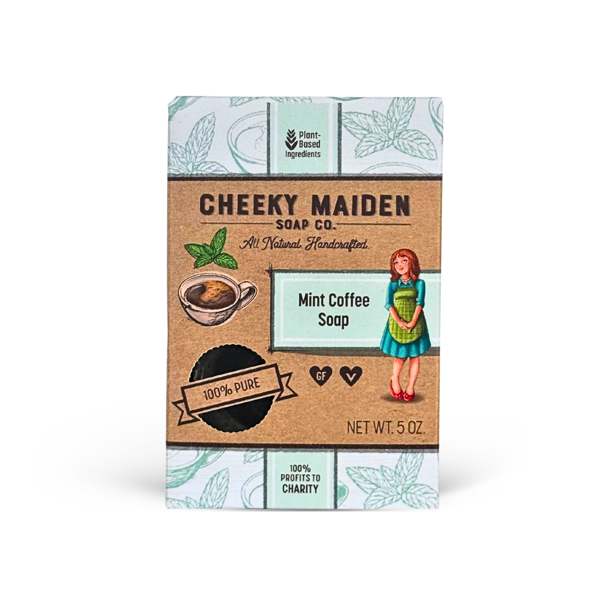 Cheeky Maiden Soap Co. Mint Coffee Soap packaging on a white background