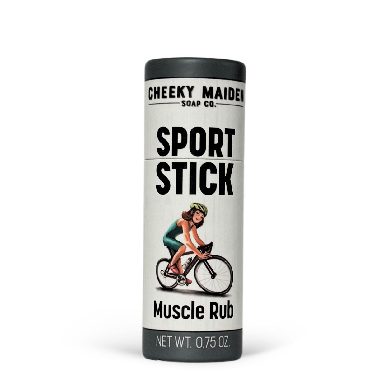 Sport stick muscle rub container with a cyclist illustration on a white background