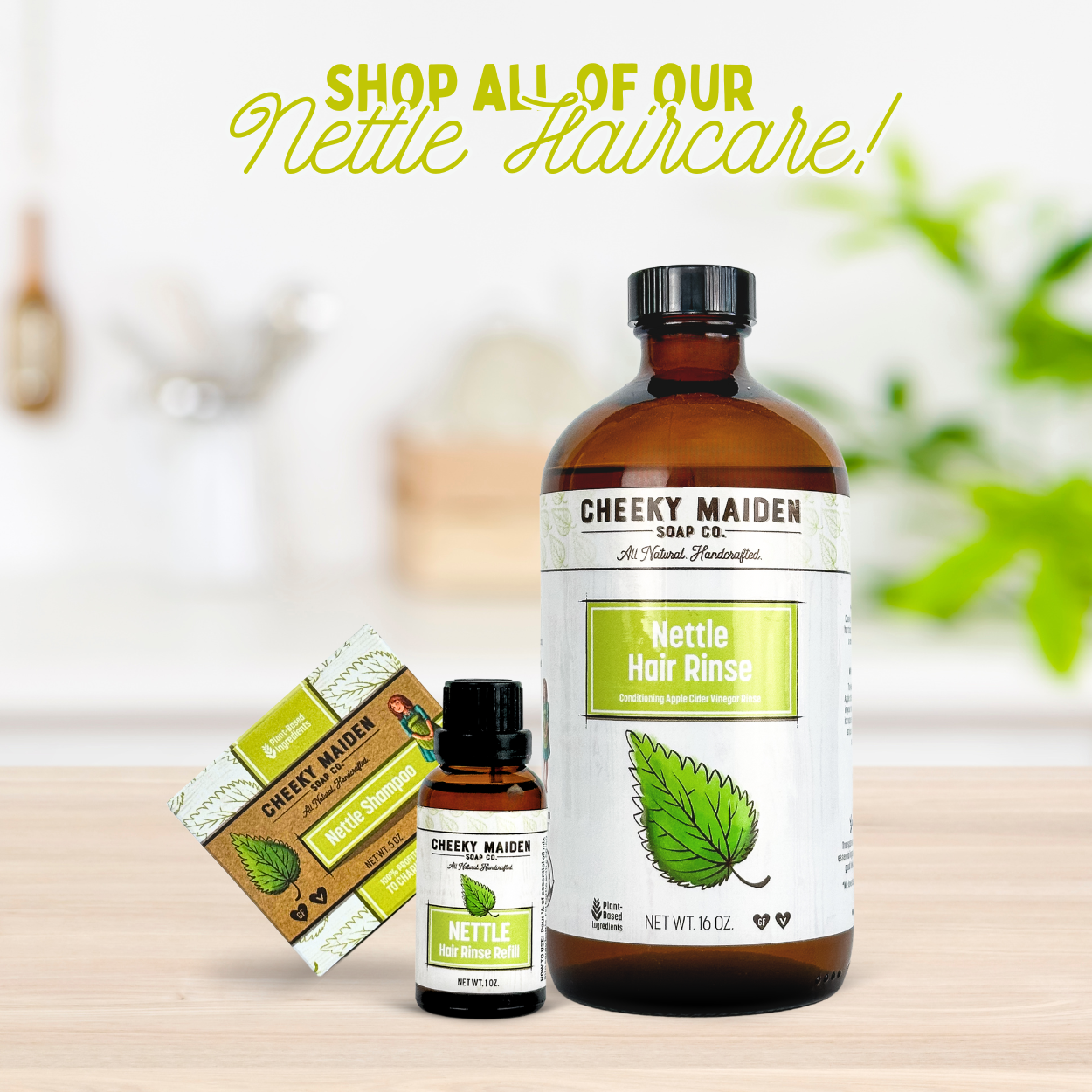 Cheeky Maiden Nettle Haircare products on a wooden surface with a blurred background