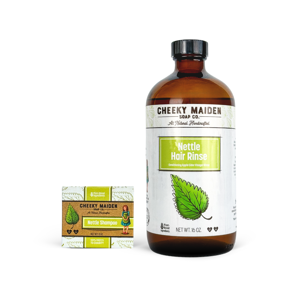 Bottle of Cheeky Maiden Nettle Hair Rinse with packaging on a white background