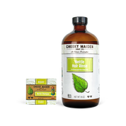 Bottle of Cheeky Maiden Nettle Hair Rinse with packaging on a white background