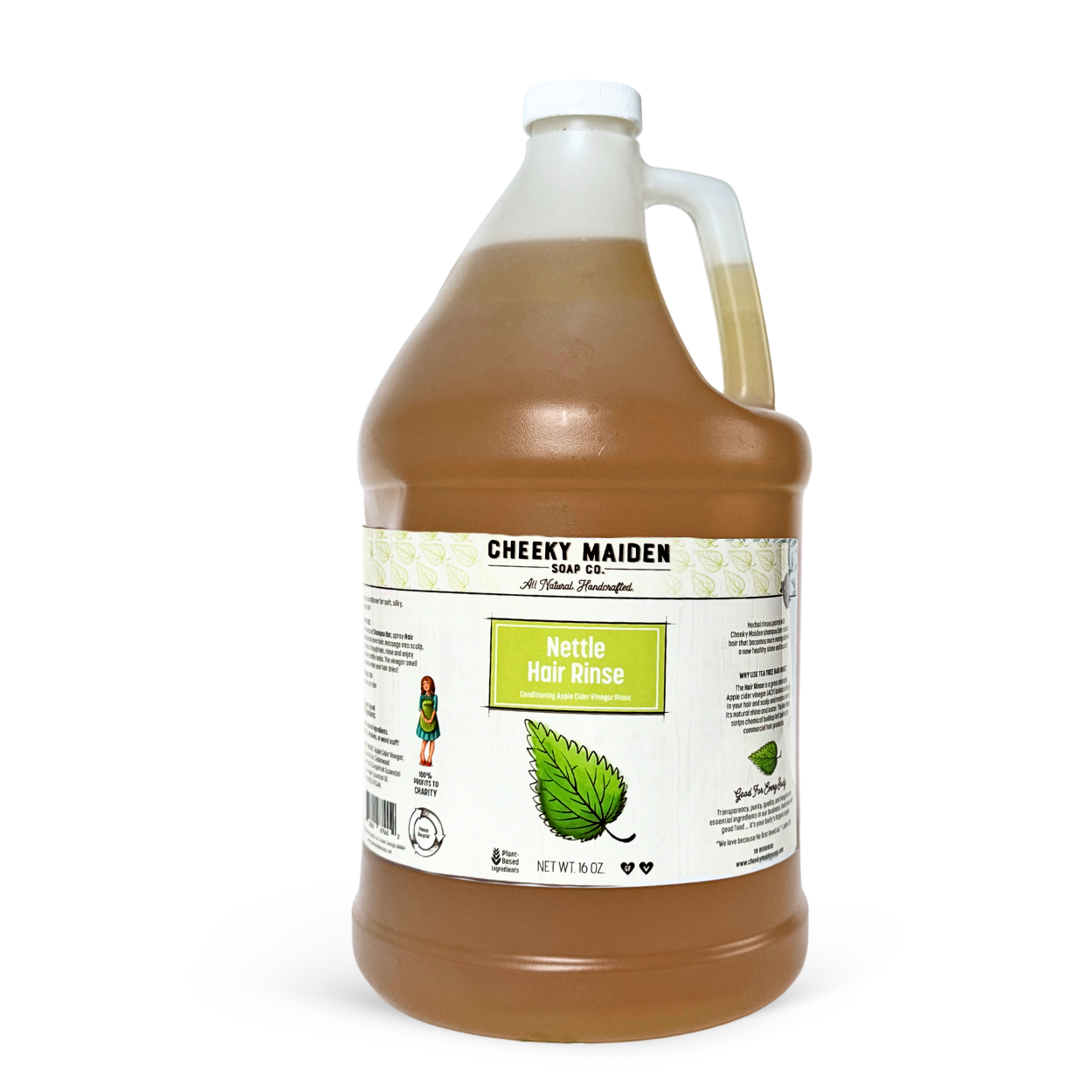 Gallon jug of 'Cheeky Maiden' Nettle Hair Rinse on a white background