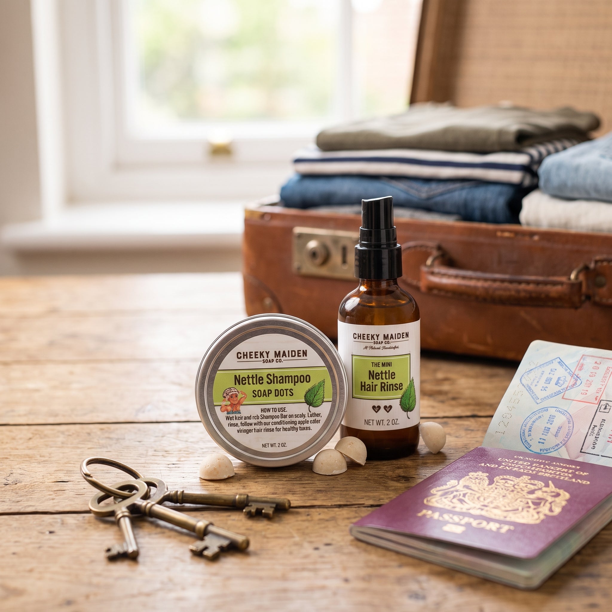 A travel-themed product display on a rustic wooden table featuring a round tin of Nettle Shampoo Soap Kits and a bottle of Nettle Hair Rinse by Cheeky Maiden, styled with vintage keys, a passport, and a suitcase in the background.