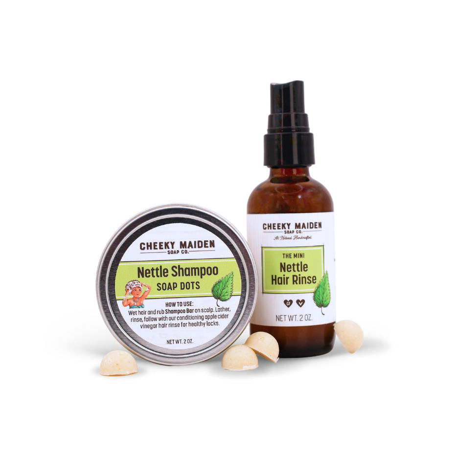 Cheeky Maiden Nettle Shampoo Soap Dots and Hair Rinse bottle on a white background