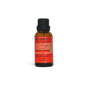Bottle of Orange essential oil with a red label on a white background