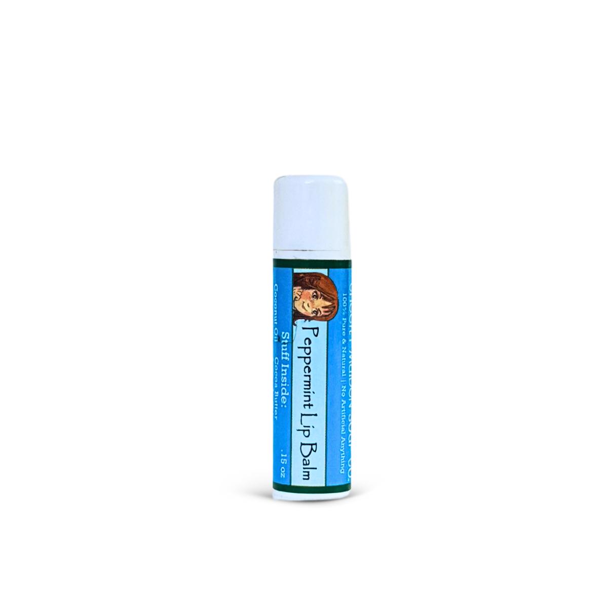 Lip balm tube with a blue label on a white background