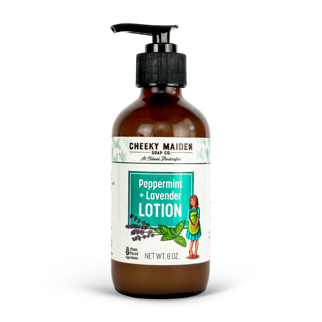 Cheeky Maiden Soap Co. Peppermint + Lavender Lotion bottle on a white background