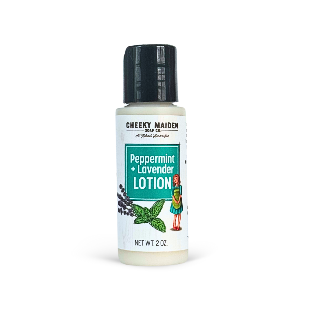 Bottle of Cheeky Maiden Peppermint + Lavender Lotion on a white background