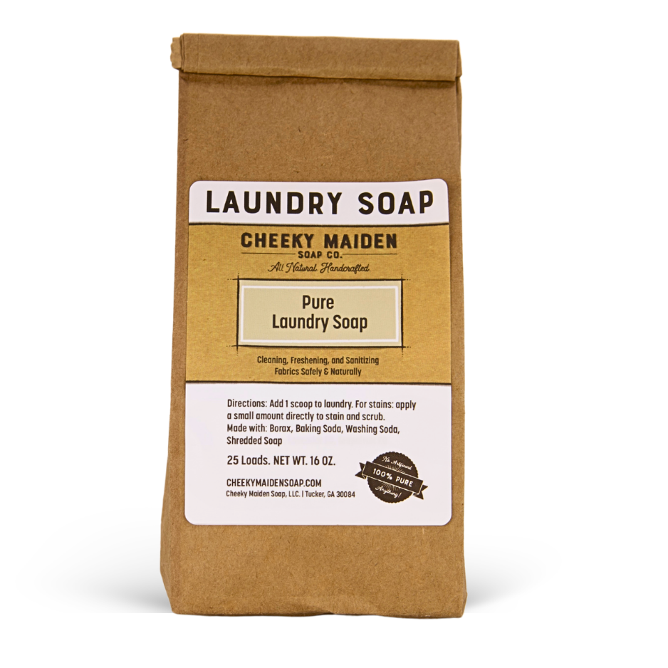 Brown paper bag of Cheeky Maiden Laundry Soap on a white background
