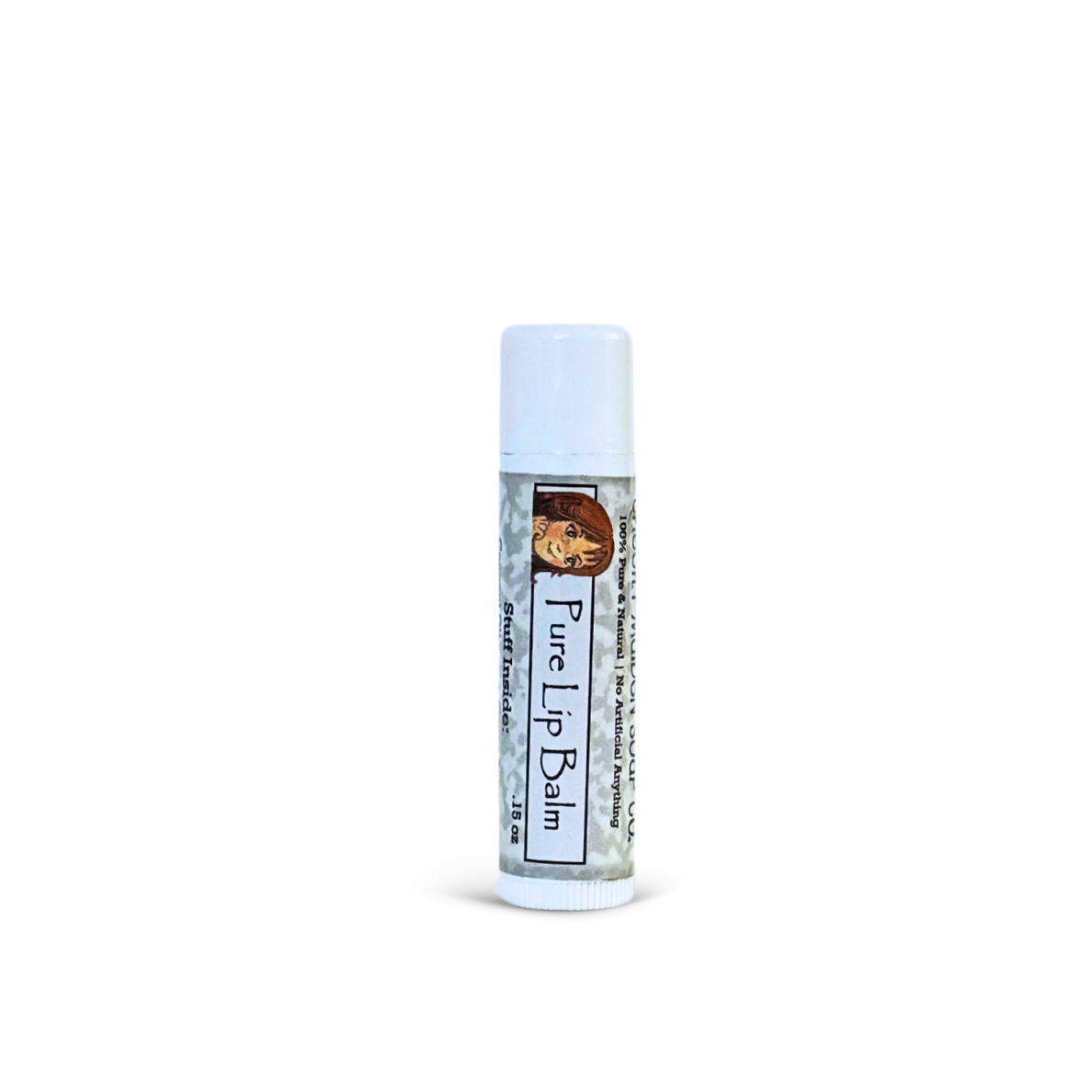 Lip balm tube with a label on a white background