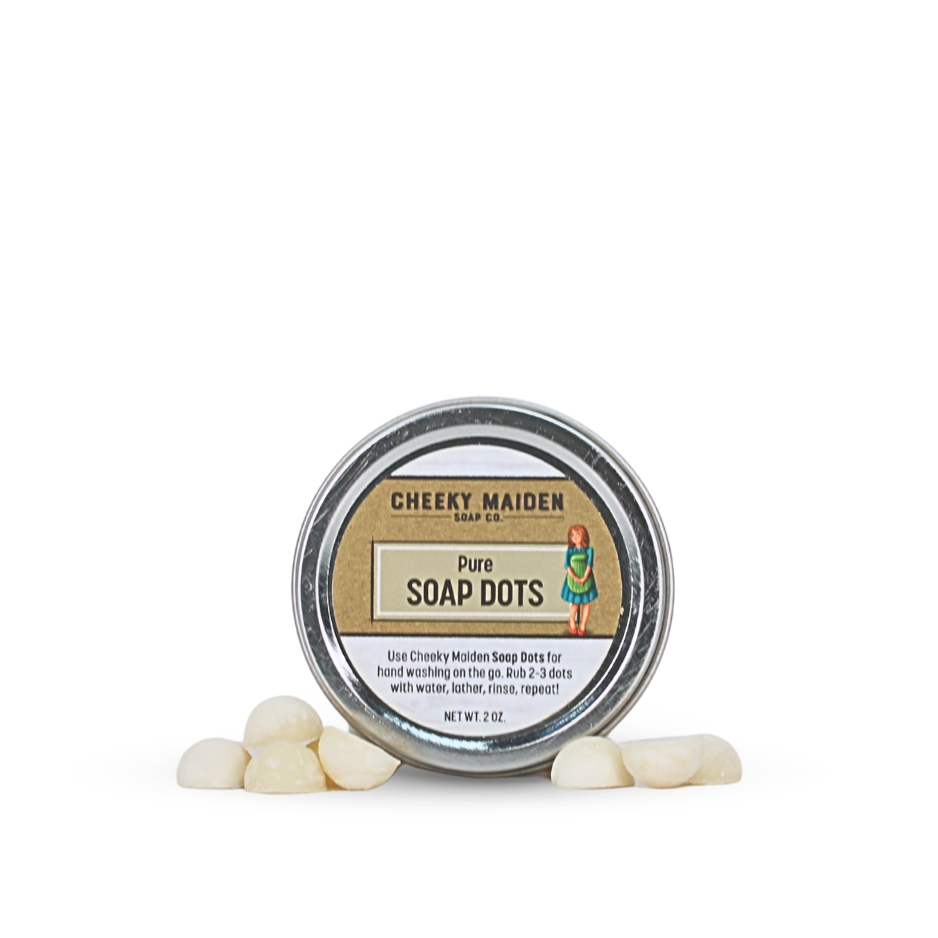 Container of Cheeky Maiden Pure Soap Dots on a white background