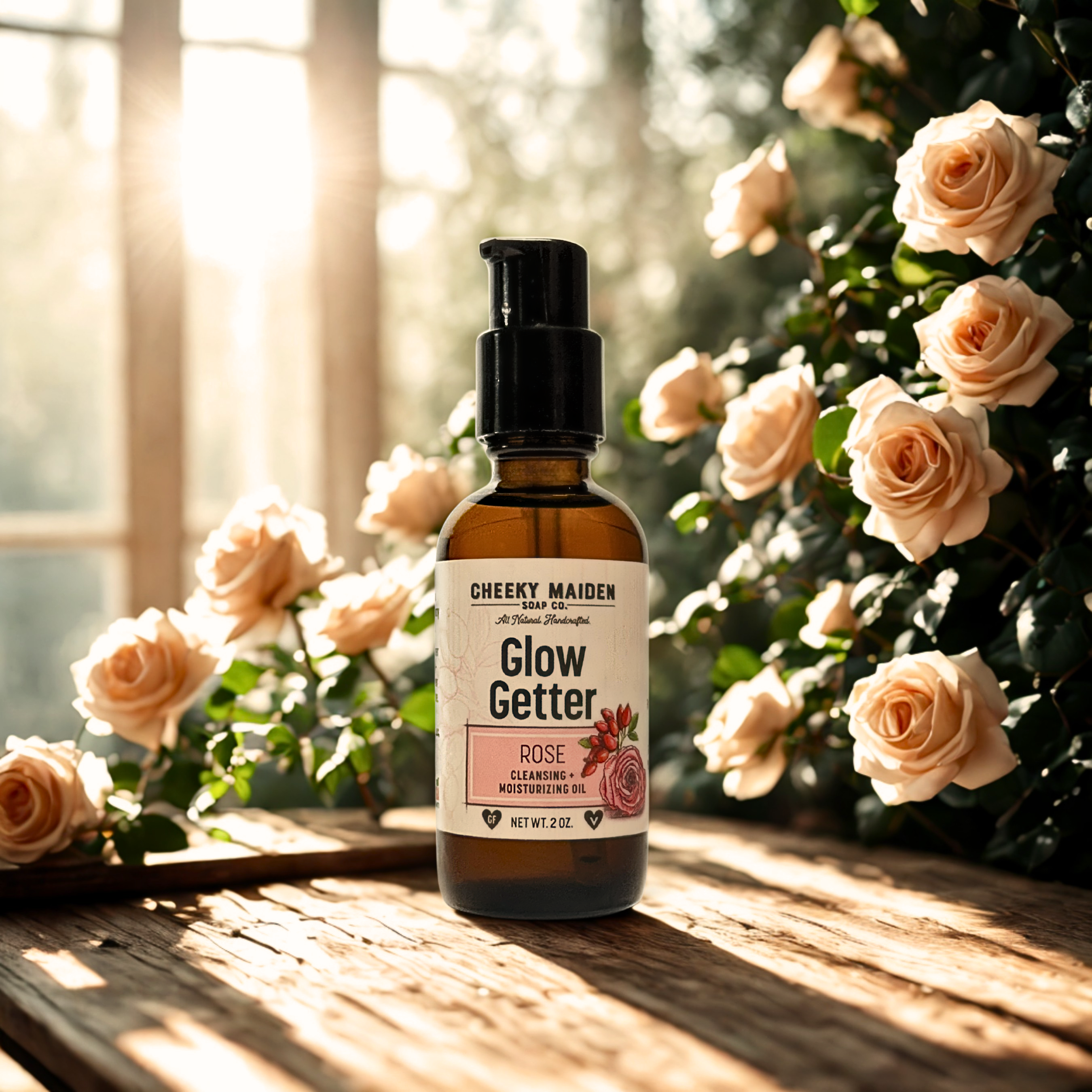 Bottle of 'Glow Getter' with roses in the background