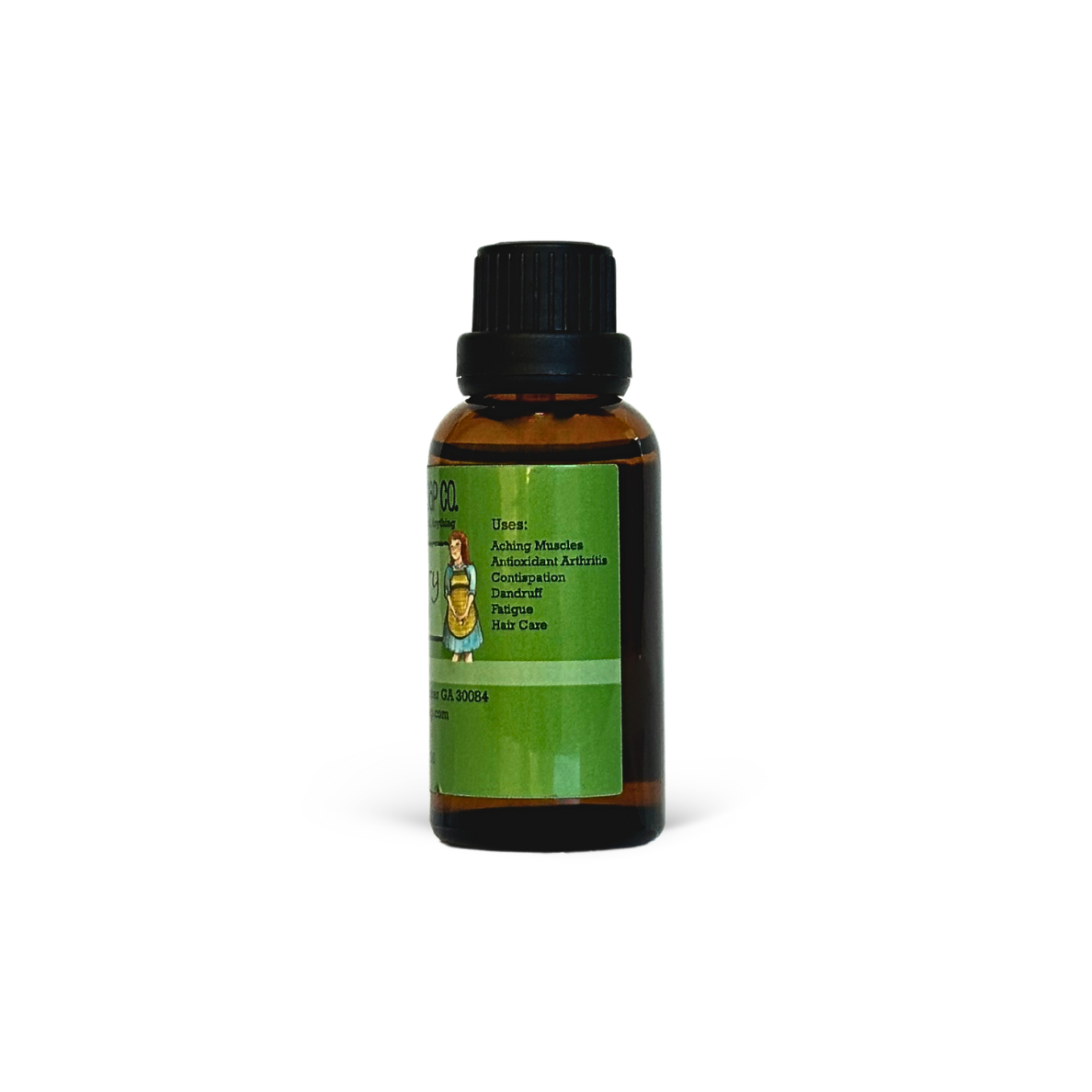 Bottle of essential oil with a green label on a white background