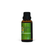 Bottle of essential oil with a green label on a white background