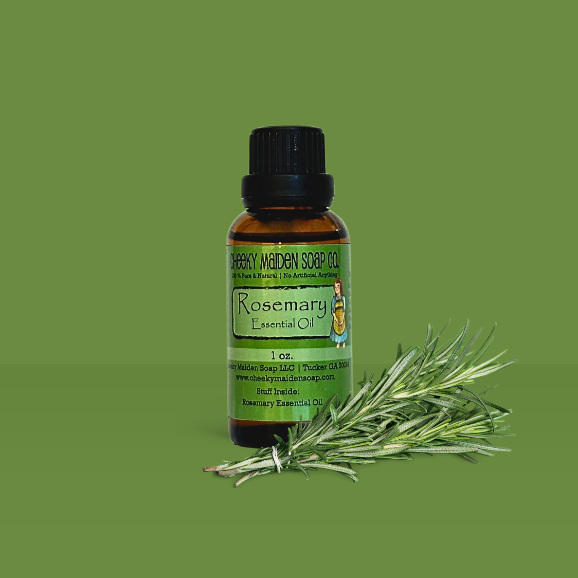 Bottle of Rosemary Essential Oil with a green background