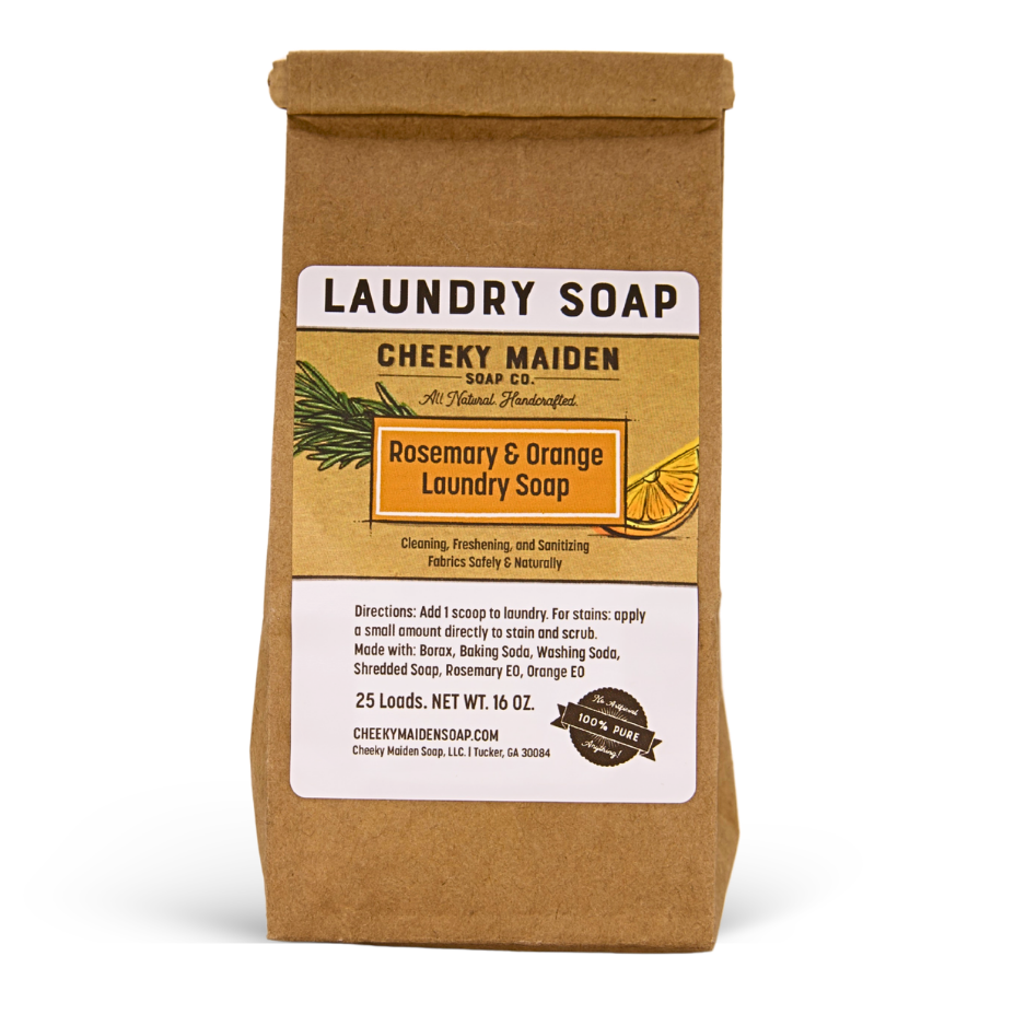Cheeky Maiden Laundry Soap package with rosemary and orange design on a white background