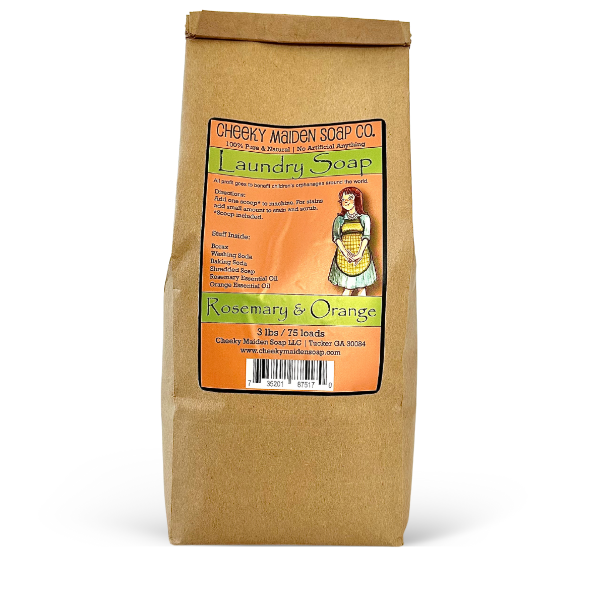 Kraft paper bag of Cheeky Maiden Soap Co. laundry soap with a label on a white background