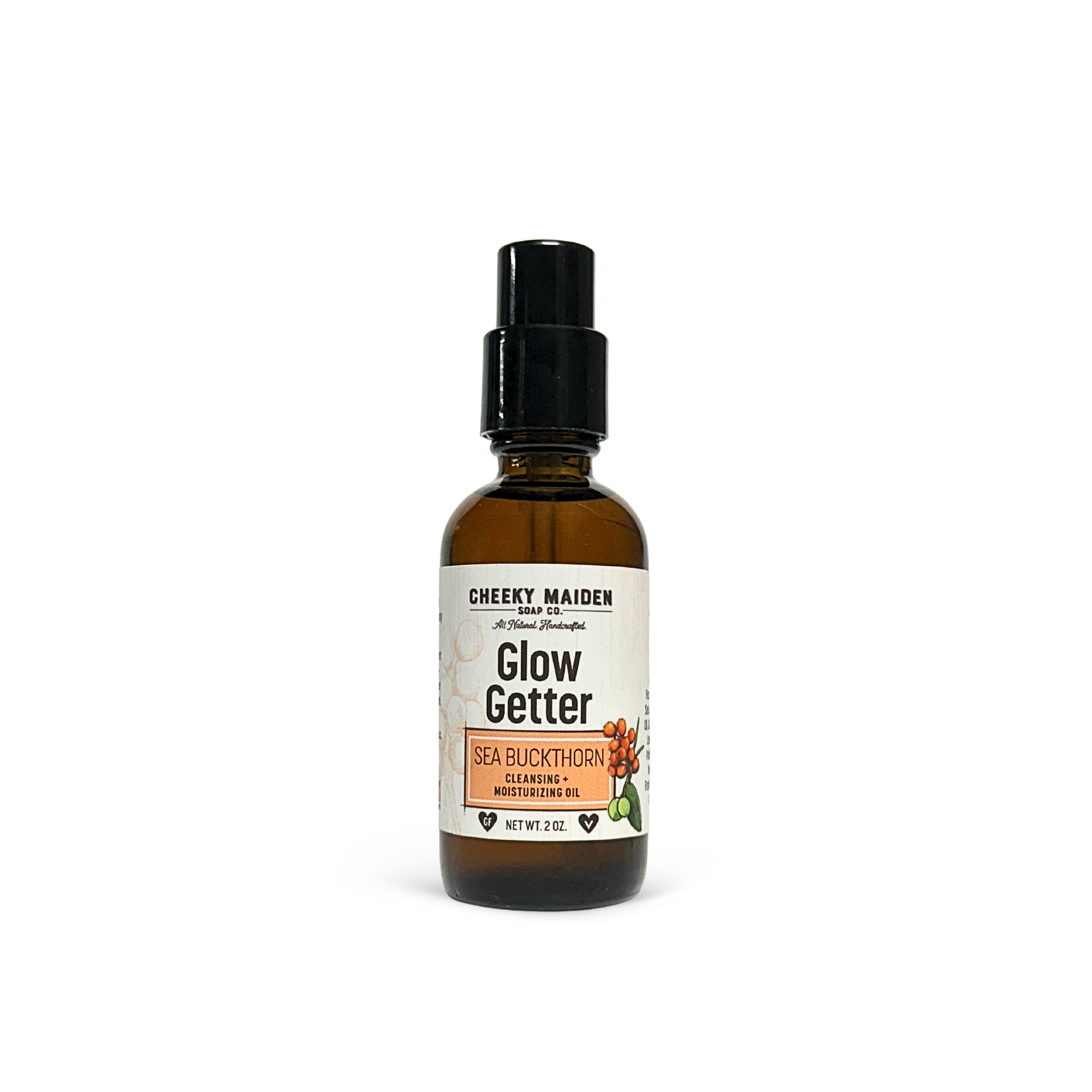 Bottle of 'Glow Getter' sea buckthorn oil with a white label on a white background