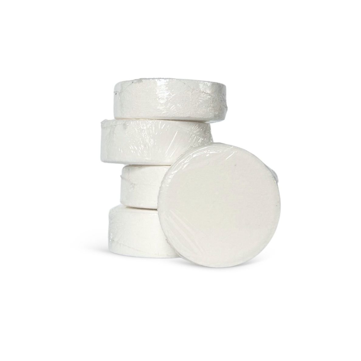 Stack of white shower steamers on a white background