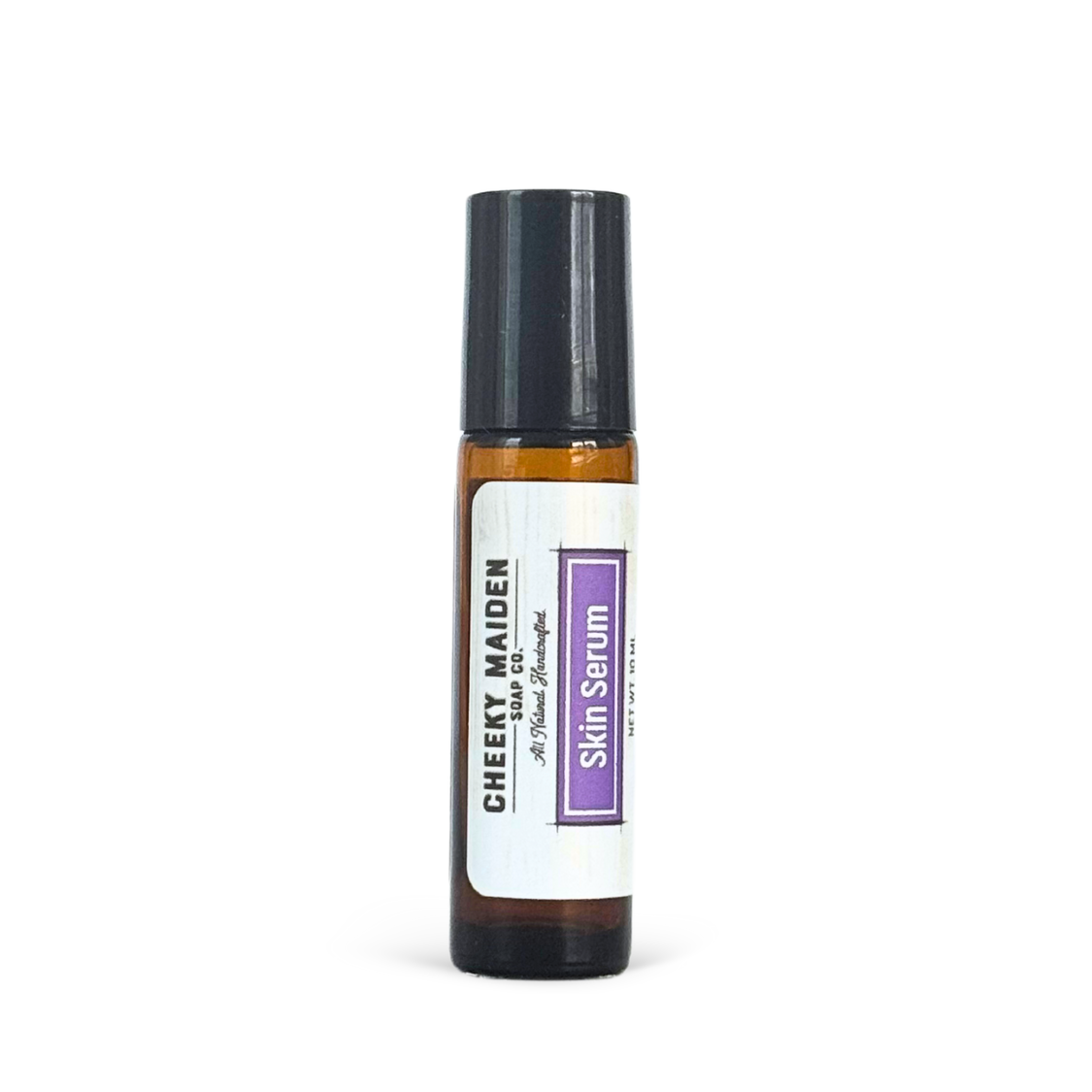 Skin serum bottle with black cap and white label on a white background
