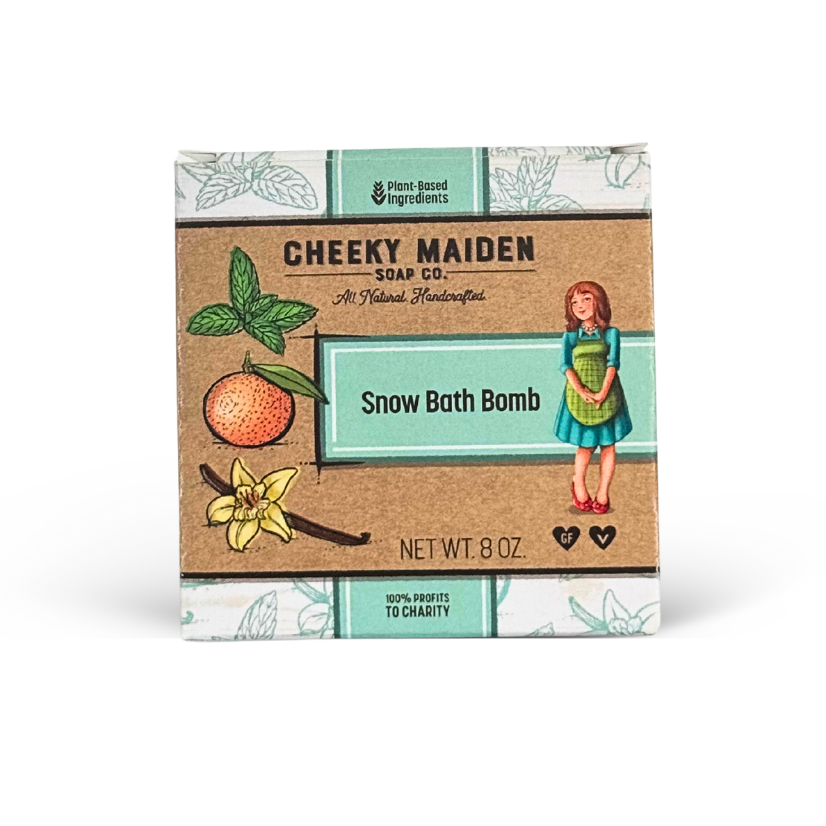 Cheeky Maiden Soap Co. Snow Bath Bomb packaging on a white background