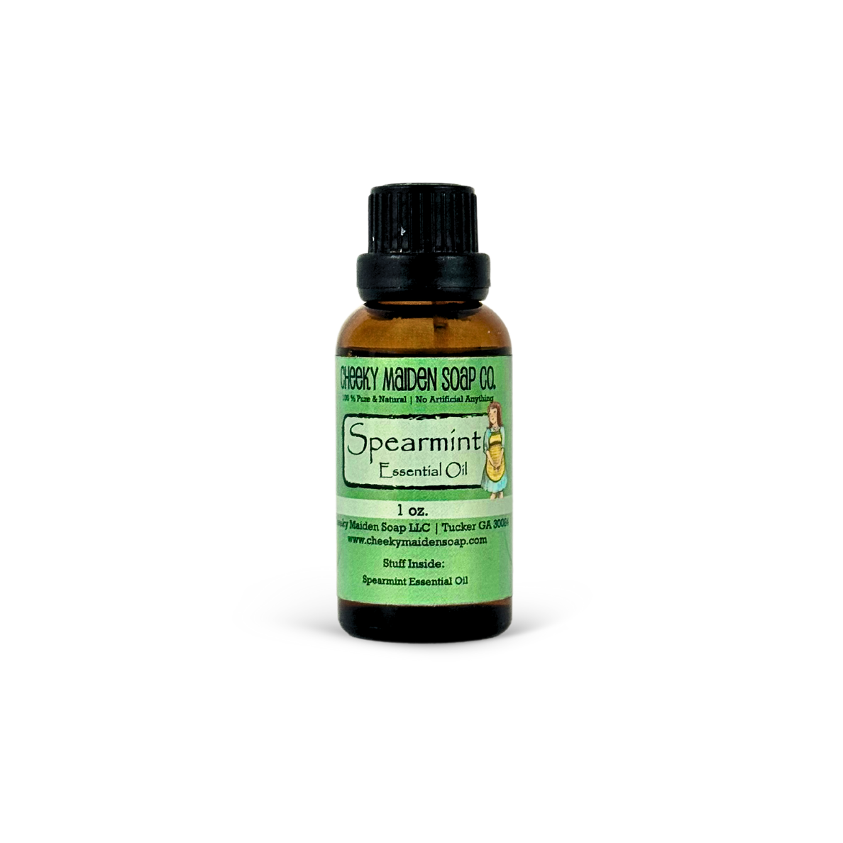 Spearmint essential oil bottle with green label on a white background