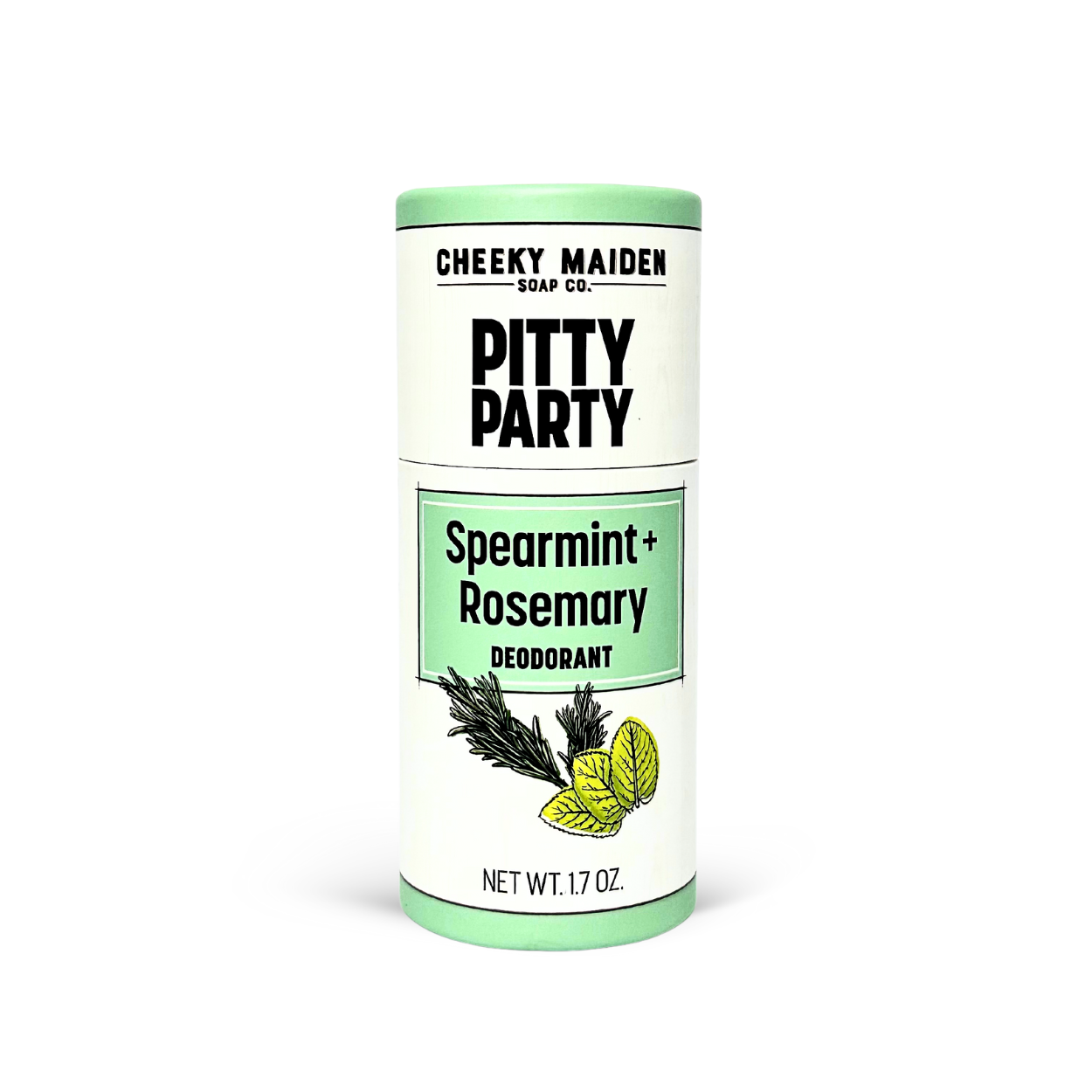 Deodorant canister labeled 'Pitty Party' with spearmint and rosemary on a white background