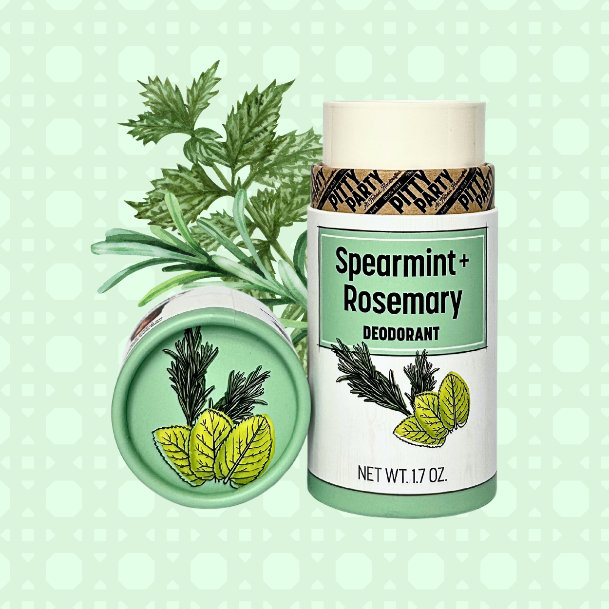Spearmint and Rosemary deodorant with plant elements on a light green background