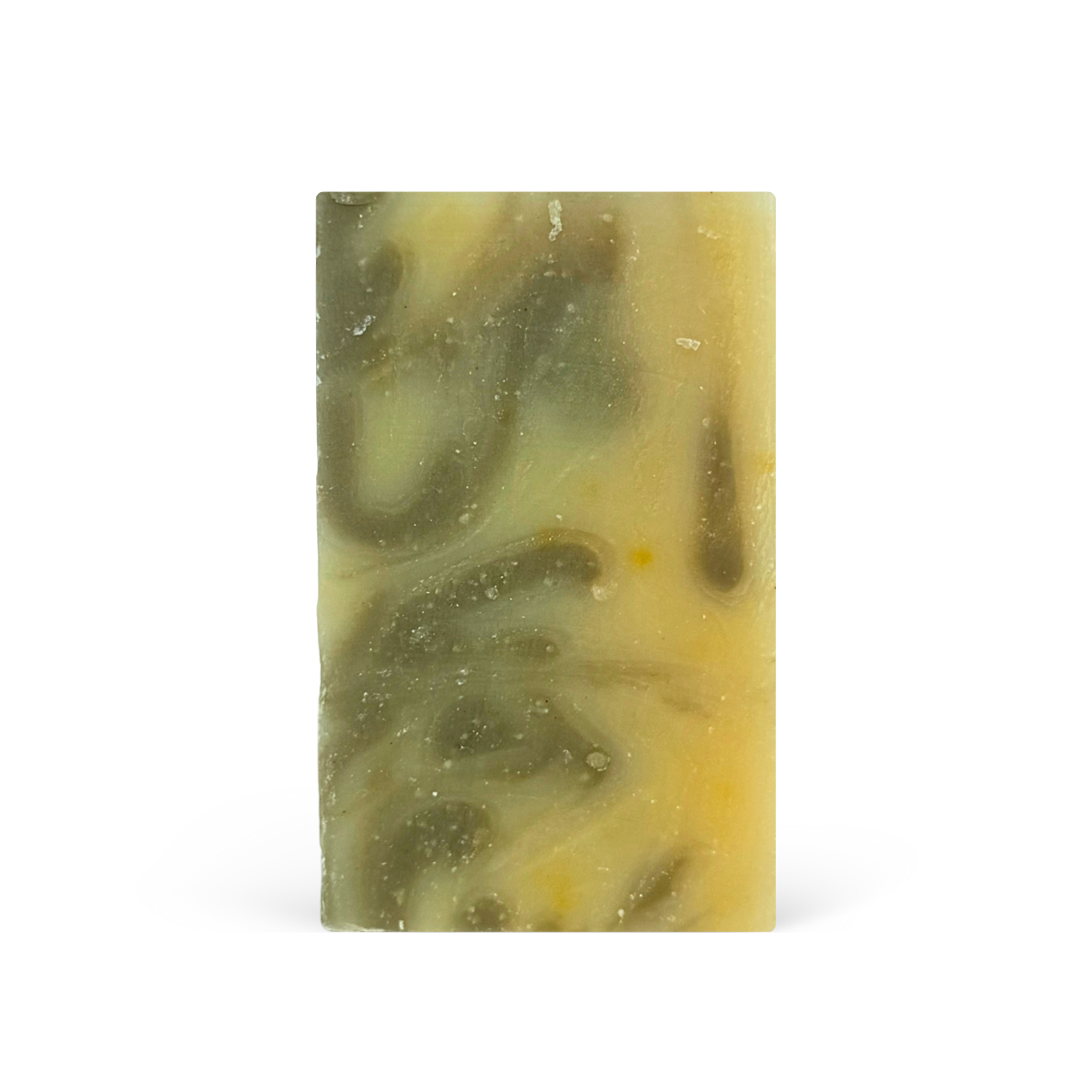 Bar of soap with green and yellow swirl pattern on a white background