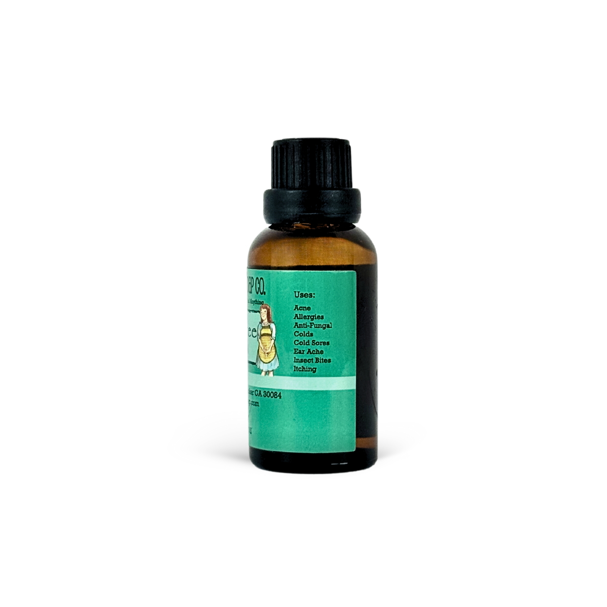 Bottle of essential oil with a green label on a white background