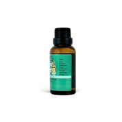 Bottle of essential oil with a green label on a white background