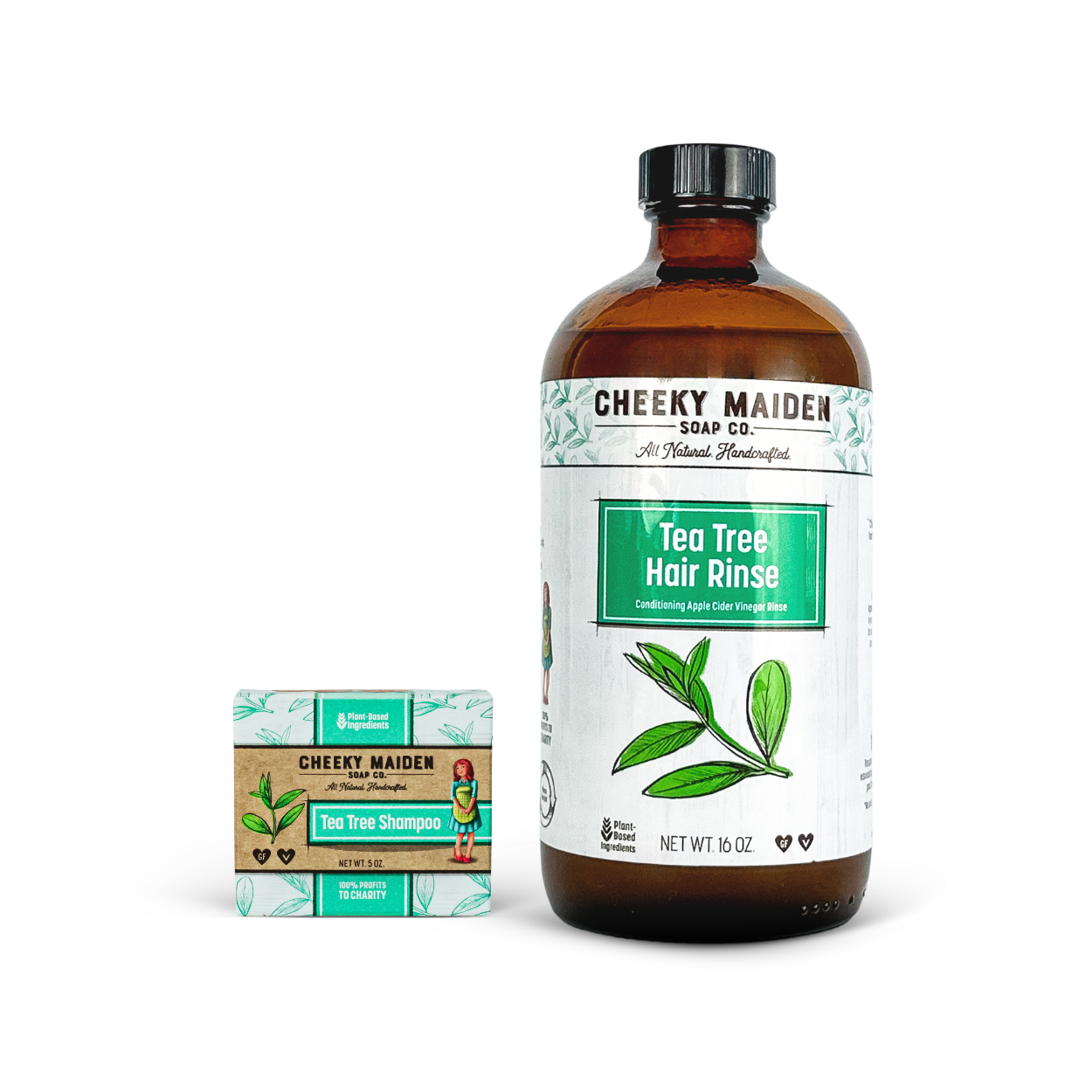 Cheeky Maiden Soap Co. Tea Tree Hair Rinse bottle and shampoo bar on a white background