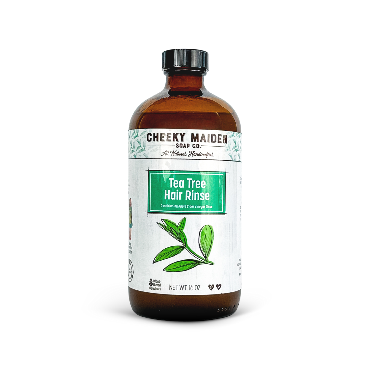 Bottle of Cheeky Maiden Soap Co. Tea Tree Hair Rinse on a white background