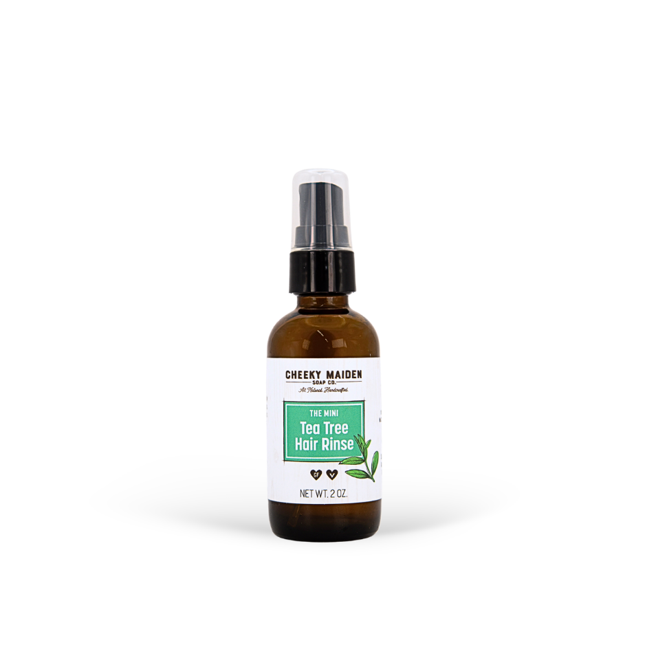Bottle of Cheeky Maiden Tea Tree Hair Rinse on a white background