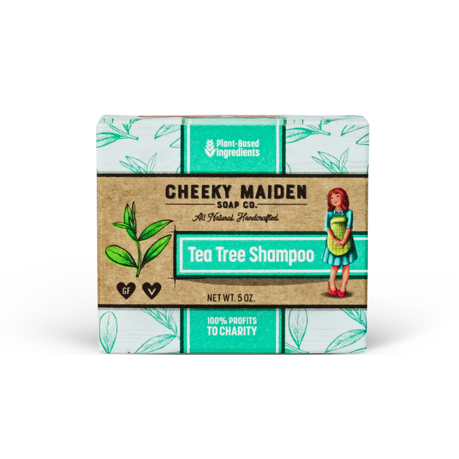Cheeky Maiden Soap Co. Tea Tree Shampoo bar packaging on a white background